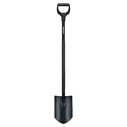 Svart spade med T-handtag och rektangulärt blad.
