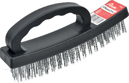 Svart handhållen stålborste med plastgrepp. Etikett med texten "325mm (17)" och varumärkeslogo.