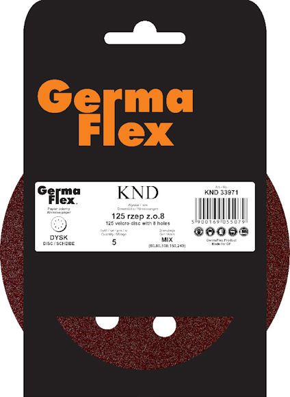 Svart förpackning med texten "Germa Flex" och röd sliprondell med hål synlig. Text: "125 rzep z 0,8", "KND 33971".